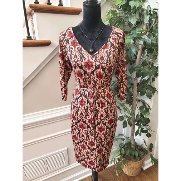 GNW Women's Multicolor Polyester V-Neck Long Sleeve Casual Knee Length Dress M - Picture 1 of 11